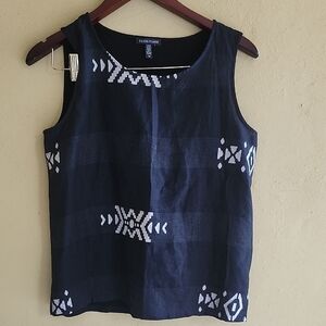 Eileen Fisher Organic Cotton Navy and White Geometric Tank Top